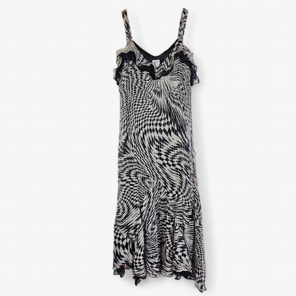 Black & Ivory Printed Midi Slip Dress with Ruffle Trim